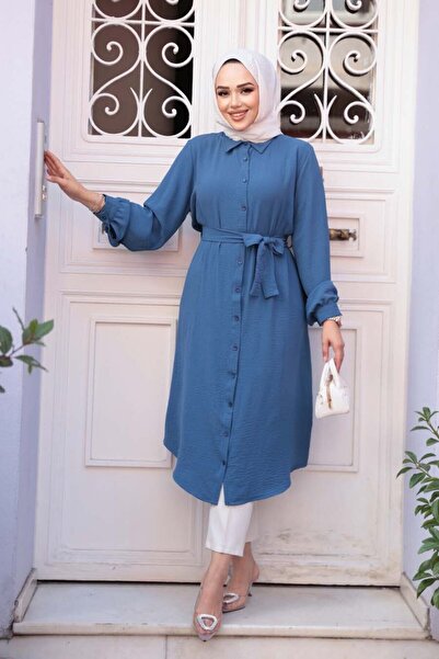 N.S NEVA STYLE Buttoned Indigo Blue Hijab Tunic 32172Im