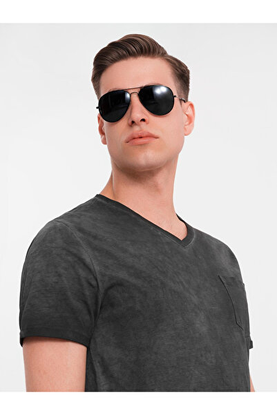 OMBRE Ανδρικό βαμβακερό πλεκτό μπλουζάκι με V λαιμόκοψη και εφέ πλύσης - μαύρο V6 OM-TSWT-0242 XL