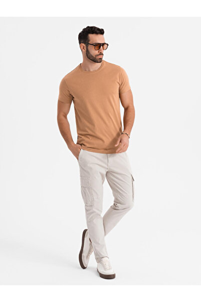 OMBRE Ανδρικό κλασικό βαμβακερό μπλουζάκι BASIC - καφέ V21 OM-TSBS-0236 S