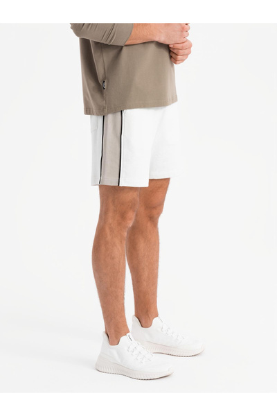 OMBRE Ανδρικό κοντό σορτς φόρμας με φαρδιές ρίγες - σκισμένο λευκό V1 OM-SRSK-0182 M