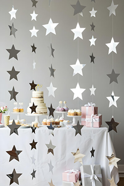 Parti Atölyesi Gümüş 5 Metre 30 Adet Yıldızdan Oluşan Harika Dekorasyon Yılbaşı Hallowen Ramazan Süslemeleri