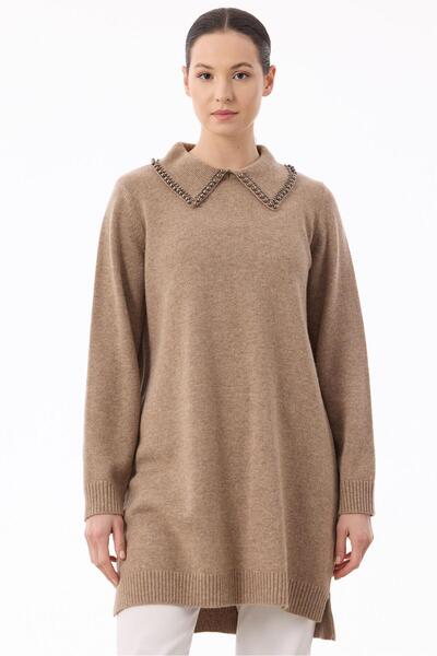 Tığ Triko Yaka İnci Detaylı Triko Tunik VİZON