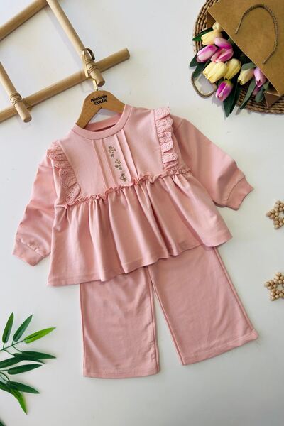 Minigimin Cicileri Costum din bumbac pentru fetiță cu detalii brodate cu flor...