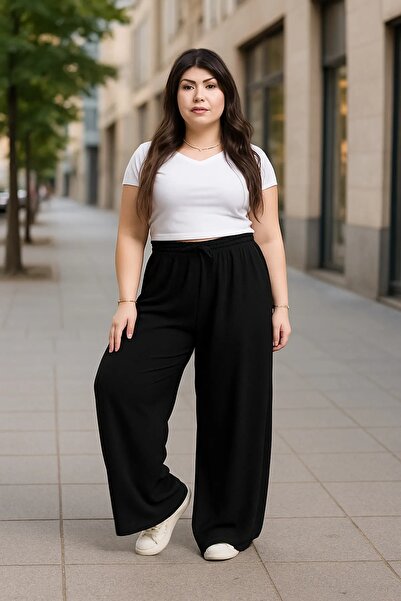 RİNNEAS Kadın Siyah Büyük Beden Baggy Bol Kesim Pantolon ALTI Esnek Rahat Kum...