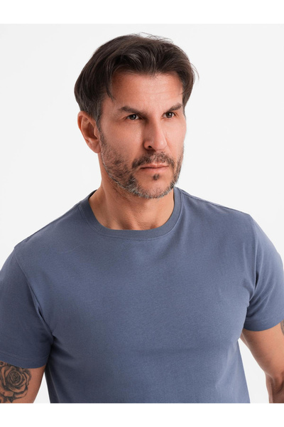 OMBRE Ανδρικό κλασικό βαμβακερό μπλουζάκι BASIC - μπλε τζιν V7 OM-TSBS-0236 S