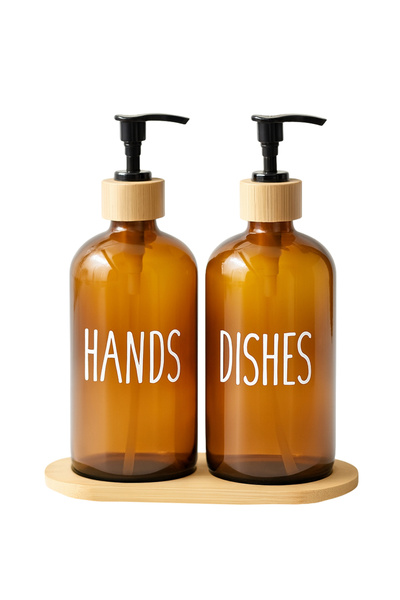 HOMİNG Δοχείο υγρού σαπουνιού από γυαλί 2 τεμαχίων με βάση από μπαμπού 242299