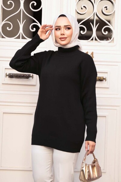 N.S NEVA STYLE Μαύρο Μαντίλι Πλεκτό Πουλόβερ Τούνικ 5374S