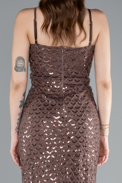 Abiyefon Kahve Askılı Uzun Pul Payet Balık Abiye Elbise ABU4980