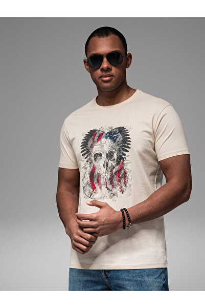OMBRE Ανδρικό βαμβακερό μπλουζάκι με τύπωμα σε στυλ ροκ - κρεμ V1 OM-TSPT-0199 M
