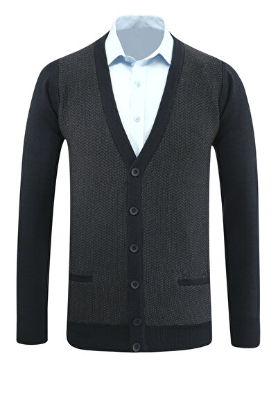 Çizgi Triko Erkek Düğmeli Hırka Cepli Desenli Çelik Örgü Klasik Kalıp - 5212M