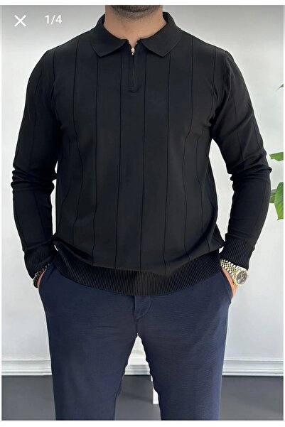 Genel Markalar Erkek Yarım Fermuarlı Polo Yaka Mevsimlik Kazak Siyah