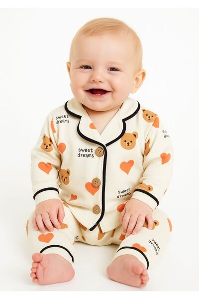 % 100 Pamuk Ayı Desenli Uzun Kollu Unisex Bebek Pijama Takımı