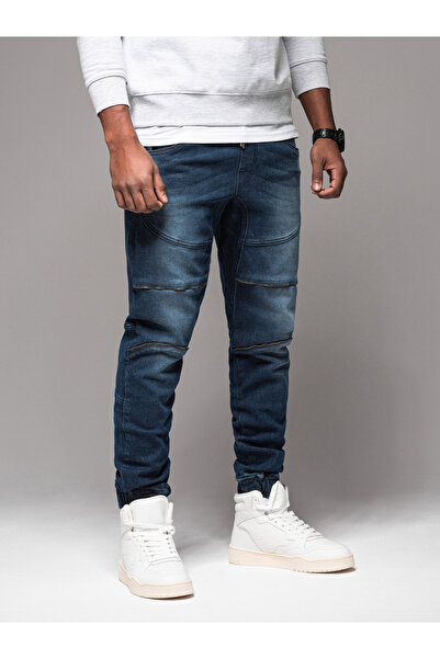 OMBRE Pantaloni jogger din denim pentru bărbați, cu rupturi și fermoare - albastru închis V1 OM-PADJ-0243 XL