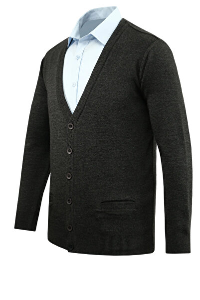 Çizgi Triko Men's Buttoned Cardigan with Pockets Solid Color Steel Knit Classic Fit - 5200m