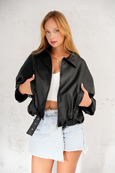 Rabi Shine سترة جلدية نسائية كبيرة الحجم مع حزام خصر