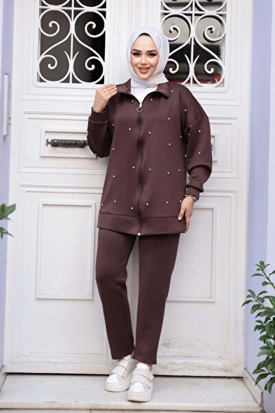 N.S NEVA STYLE Zippered Brown Hijab Double Set 12401Kkh
