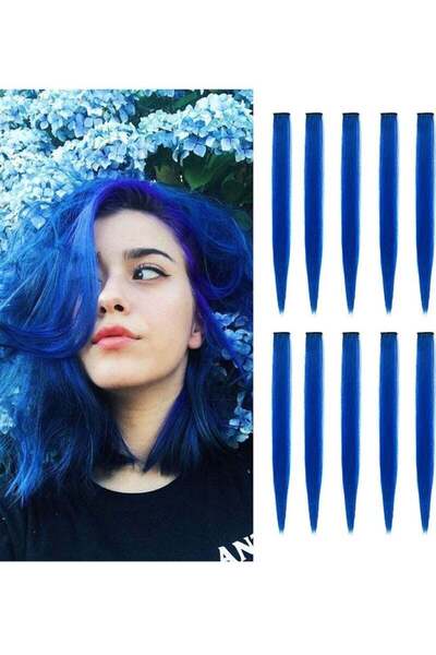 Yelajoy 10 PCS Colored Hair Extensions Straight Hairpiece,Clip in Synthetic Hair Extensions,22 inch Blue