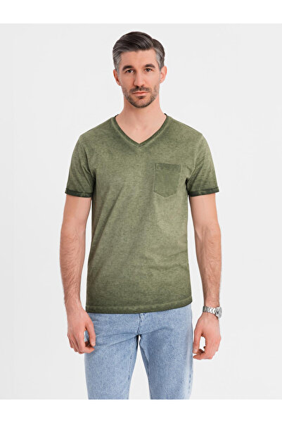 OMBRE Men's cotton V-neck knit t-shirt with washed effect - olive V9 OM-TSWT-0242 L