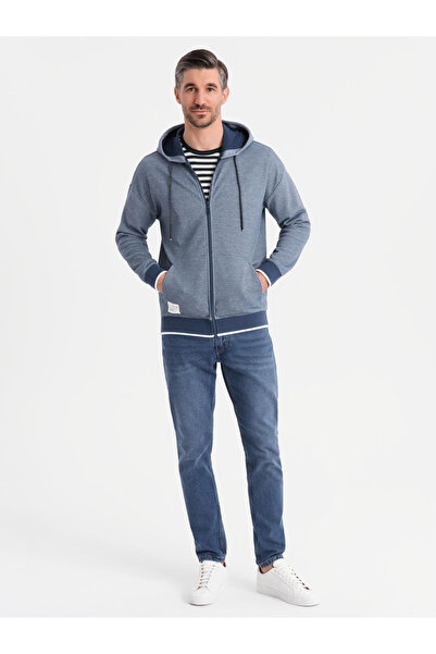 OMBRE Men's soft-textured hooded sweatshirt - navy blue V2 OM-SSZP-0191