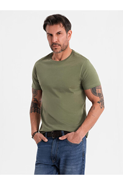 OMBRE Ανδρικό κλασικό βαμβακερό μπλουζάκι BASIC - χακί V6 OM-TSBS-0236 L