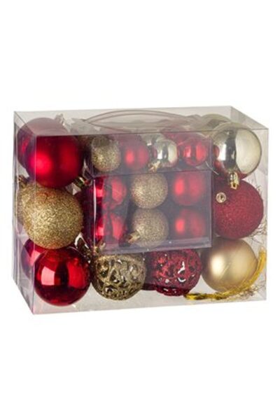 Craciun Set of Red Gold Matte Shiny Glitter Globes 3-4-6 cm - 50 pcs