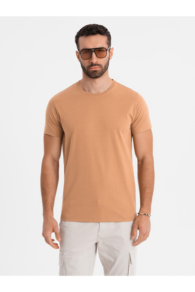 OMBRE Pánské klasické bavlněné tričko BASIC - hnědé V21 OM-TSBS-0236 S