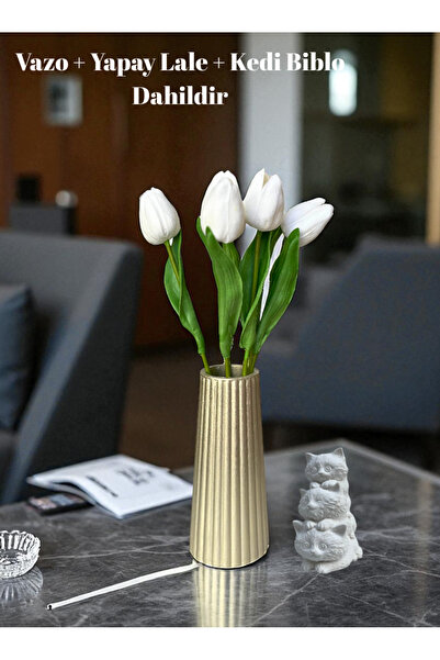 JakarandaDesign 5 Adet Yapay Lale Çiçekleri +kedi Biblo Dahil Dekoratif Moder...
