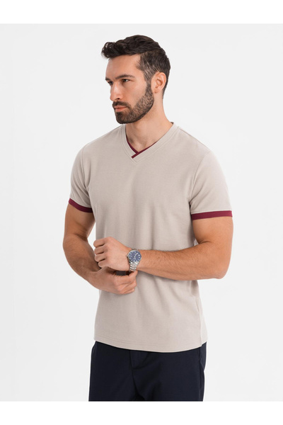 OMBRE Ανδρικό μπλουζάκι με ένθετα σε αντίθεση και λαιμόκοψη V - μπεζ V2 OM-TSCT-0198 L