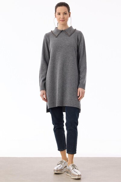 Tığ Triko Yaka İnci Detaylı Triko Tunik FÜME