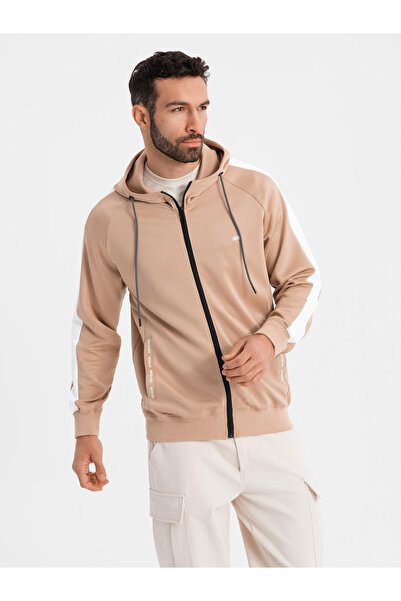 OMBRE Unzipped men's hooded sweatshirt with piping - beige V4 OM-SSZP-0210 XXL