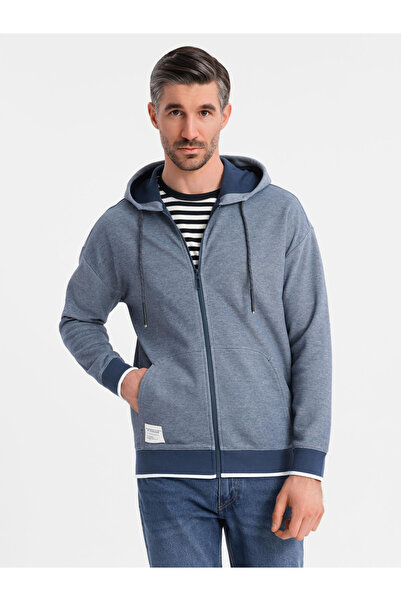 OMBRE Men's soft-textured hooded sweatshirt - navy blue V2 OM-SSZP-0191