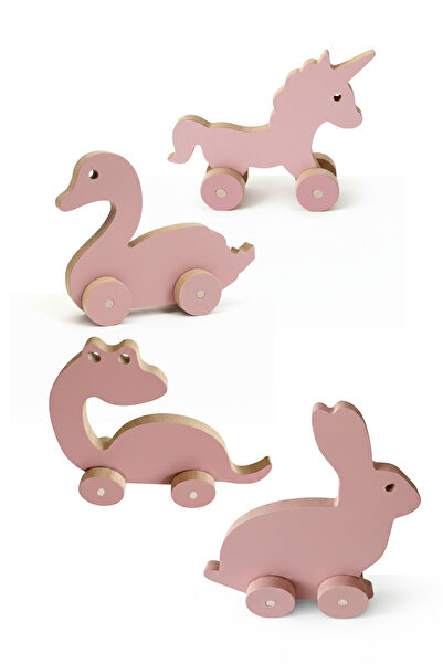 HOBBY HOUSE Elizya Pink Wooden Wheeled Figure Set of 4 (Swan, Unicorn, Rabbit, Dinosaur)