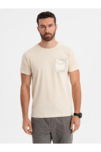 OMBRE Ανδρικό βαμβακερό μπλουζάκι με τύπωμα τσέπης - κρεμ V3 OM-TSPT-0228 S