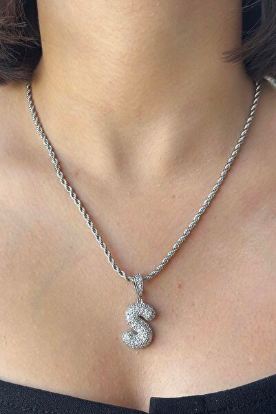 TAKIŞTIR Silver Color Stone Detailed S Letter Necklace