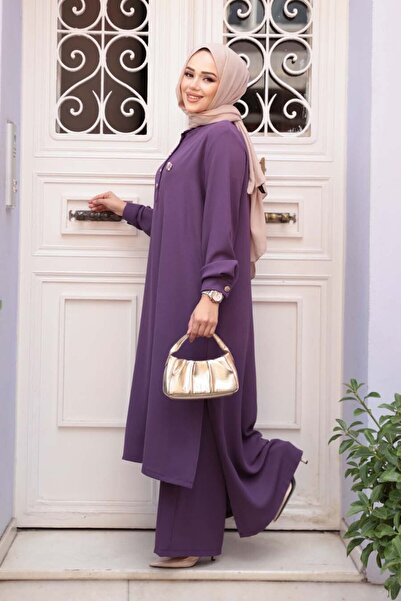 N.S NEVA STYLE Button Detailed Lilac Hijab Double Set 76641Lila