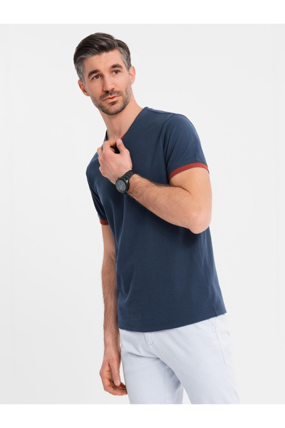 OMBRE Pánské tričko s kontrastními vsadkami a výstřihem do V - tmavě modré V1 OM-TSCT-0198 XXL