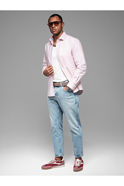 OMBRE Cămașă oxford bărbătească pastelată din bumbac - piersică V1 OM-SHOS-0183 S