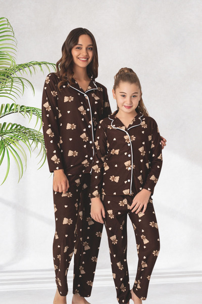 Zekalya Mother-Daughter Matching Outfit (Sold Separately) Teddy Bear Pattern Shirt Collar Brown Pajama Set