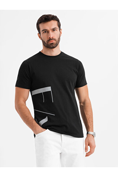 OMBRE Pánské bavlněné úpletové tričko s velkým bočním nápisem - černé V1 OM-TSPT-0213 S