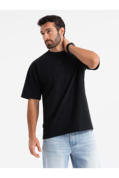 OMBRE Ανδρικό βαμβακερό μπλουζάκι LOOSE FIT με στρογγυλή λαιμόκοψη - μαύρο V1 OM-TSBC-0234 L
