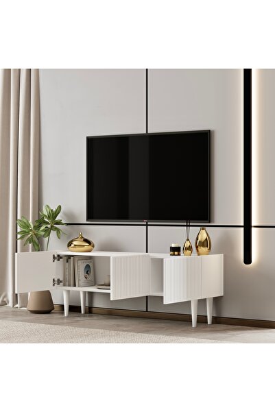 enwood Capella TV ünitesi beyaz MDF 120 cm duvara monte kapaklı raflı