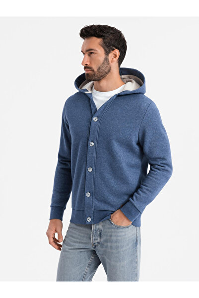 OMBRE Pánská mikina s kapucí na knoflíky - tmavě modrá melanž V1 OM-SSZP-0186 XL