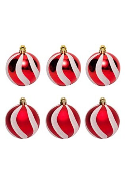 Brad de Craciun Set of Red Christmas Baubles with Holographic Stripe Ø6cm - 6pcs
