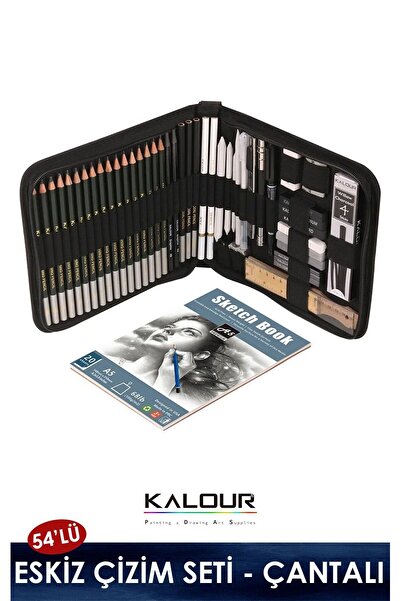 kalour Eskiz Karakalem Çizim Seti, 54 Parça- Çantalı (Defter Hediyeli)