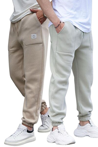 Madmext Bej/Çağla Yeşili Cepli Jogger Erkek 2'Li Paket Eşofman Altı E7445