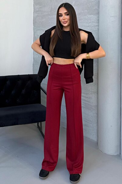 modavingo Women's Burgundy Modal Fabric Wide Leg High Waist Beltless Trousers