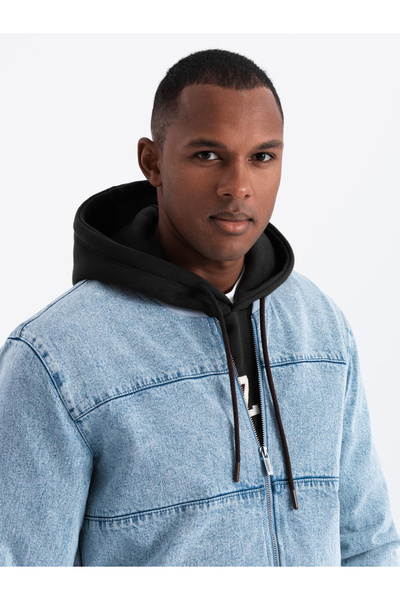 OMBRE Jachetă bomber din denim pentru bărbați cu efect de lavare la piatră - albastru deschis V3 OM-JADJ-0163 XXL