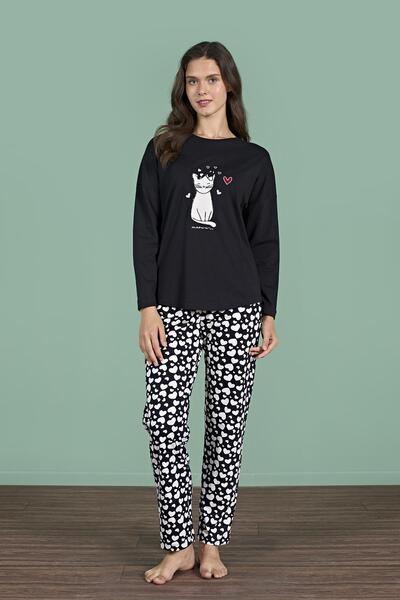 Pijadore Γυναικείο σετ πιτζάμες με μακρυμάνικο στάμπα μαύρης γάτας με στρογγυ...