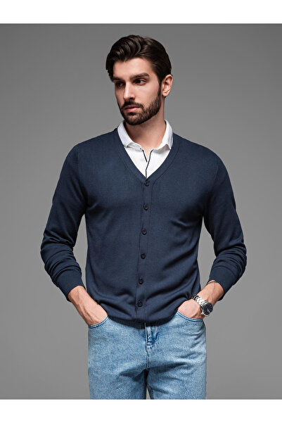 OMBRE Πλεκτή μονόχρωμη ανδρική ζακέτα από βισκόζη - σκούρο μπλε V1 OM-SWCD-0126 XXL