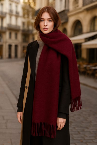 Luminos Butik Kadın Basic Bordo Püsküllü Buklet Atkı - Şal 45x200 Cm Sal1285
